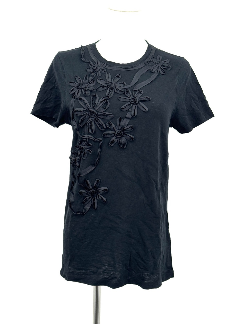 J. Crew Black Short Sleeve Tee with Floral Ribbon Appliqués - Picture 3 of 7
